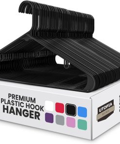 Utopia Home Plastic Hangers 50 Pack – Built-in Strap Hooks Black | Space saving | Durable & strong | Closet organizer | Clothes hangers | Ideal for shirts. pants. skirts & coats